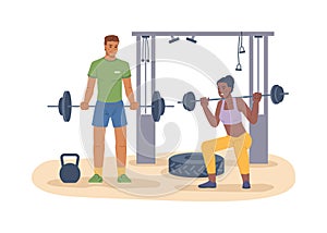 Man and woman working out in gym with barbells