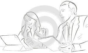 Man and woman working together on tablets vector line arts