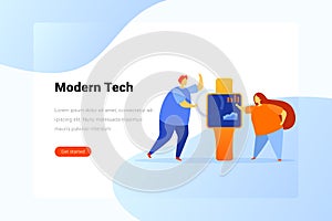 Man and Woman working with Ui/UX technology on Smart Watch Flat vector illustration. Landing Page design template