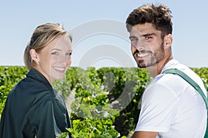 Man and woman working in vineyards