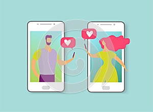 Man and woman write messages about love or date. Online dating concept. The characters on the phone screen fell in love. Flat