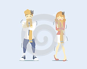 Man and woman in yellow scarf, arm crossed shaking, shiver, chills, health care concept, vector illustration cartoon