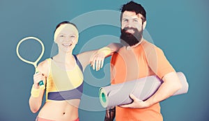 Man and woman with yoga mat and sport equipment. Girl and guy live healthy life. Fitness class. Keeping those muscles