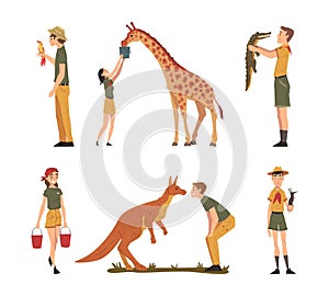 Man and Woman Zookeeper Engaged in Daily Care of Animal Vector Set