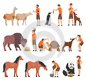 Man and Woman Zookeeper Engaged in Feeding and Daily Care of Animal Big Vector Set