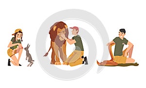 Man and Woman Zookeeper Feeding Hare and Stroking Lion Engaged in Daily Care of Animal Vector Set