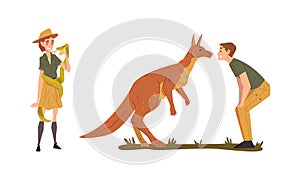 Man and Woman Zookeeper with Kangaroo and Snake Engaged in Daily Care of Animal Vector Set