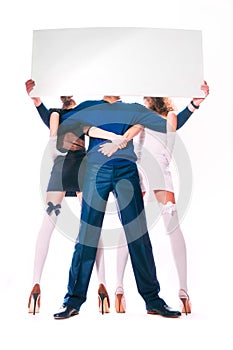 Man and womans holding empty white board