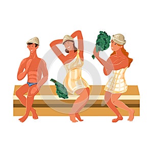 Man and women characters enjoying hot steam procedures in sauna with birch twigs. Vector colorful illustration in