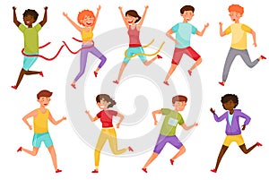 Man and Women Characters Running and Crossing Finishing Line Vector Illustrations Set