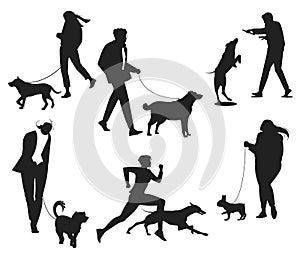 Man Women with dog silhouettes premium vector