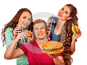 Man and women eating big sandwich with cola. Isolated.