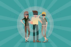 man and women in the glasses of virtual reality. vector cartoon illustration. augmented reality party.