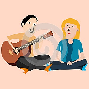 man and women playing guitar, mid century style. Hand drawn