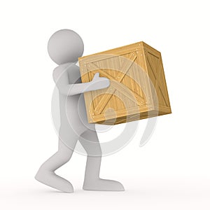 Man with wooden cargo box on white background. Isolated 3D illustration