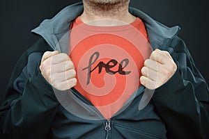 A man with the word free on his t-shirt