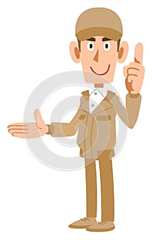 A man in work clothes introducing the right side with his index finger up