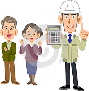 A man in work clothes showing a calculator with a senior couple