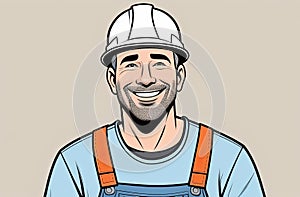 A man in work clothing and a hard hat is grinning