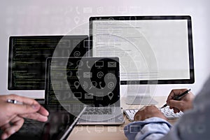 Man work Coding software developer programmer is coding on a desktop computer