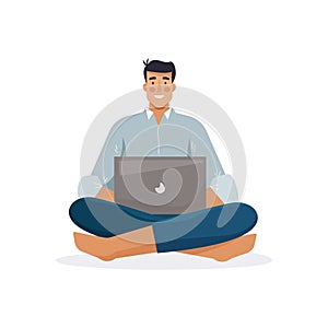 Man work with computer. Freelancer with laptop. Flat cartoon style