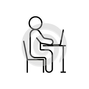 Man work at computer in right posture, ergonomic workplace. Correct body position. Protect health, posture, eyesight