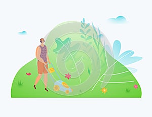 Man work garden, worker uses sward mower, tools for lawn, gardener nature outdoors, design, cartoon style vector