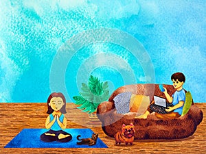 Man work from home online education e-learning woman yoga mind watercolor painting cartoon character illustration design