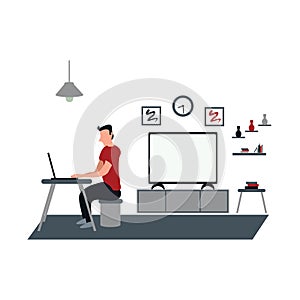 A man work for home using laptop - a man casually watching television at home - flat illustrations