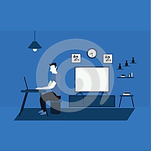 A man work from home using laptop - a man casually watching television at home - flat illustrations