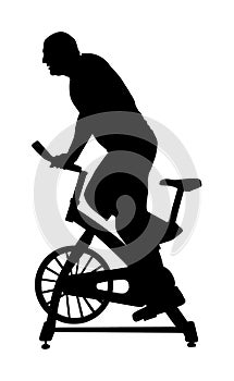 Man work out on exercise bike silhouette illustration. Biking in gym cardio training. Indoor cycling bikes worming up.