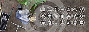 Man work in the vegetable garden place a plant in the ground, icons and symbols of gardening equipment