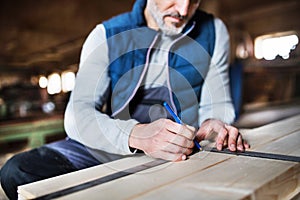 A man worker in the carpentry workshop, working with wood.