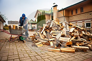 A man worker loads firewood into a wheelbarrow for heating the house,