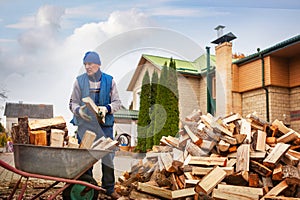 A man worker loads firewood into a wheelbarrow for heating the house,