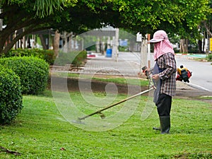 Man worker with a manual lawn mower mows the grass