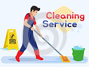 Man worker mopping the floor. Male Cleaning Service. Vector illustration in a flat style