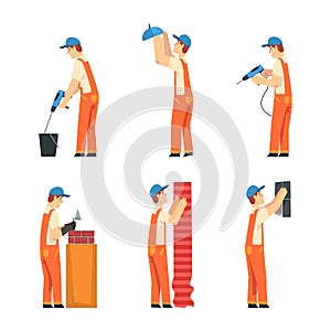 Man Worker in Overall Doing Maintenance Work Vector Set
