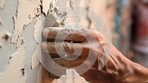 Man worker plasterer work with white wall polishing and sanding surface after putty for painting in new apartment banner