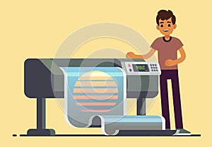 Man worker at plotter printing wide format large banner vector illustration