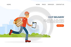 Man Worker in Uniform with Cardboard Box as Delivery and Moving Service Landing Page Vector Template