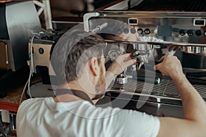 Man worker in uniform inspecting coffee machine in own workshop