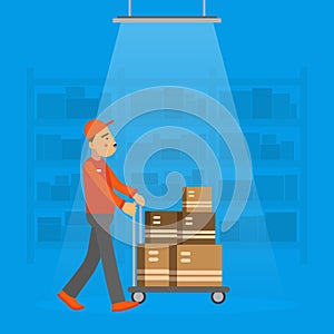 Man Worker in Uniform Pushing Trolley with Cardboard Box as Delivery and Moving Service Vector Illustration