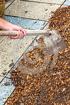 Man worker using hoe equipment on the soil clay dirt