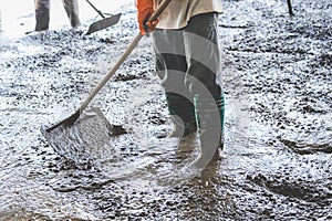 Man workers spreading freshly poured concrete mix