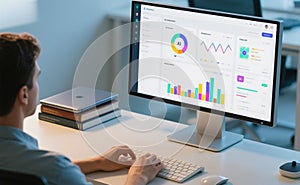 Man Working on AI Dashboard with Data Analytics and Charts
