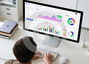 Man Working on AI Dashboard with Data Analytics and Charts