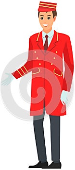 Man working as bellboy. Hotel employee in work clothes. Doorkeeper, doorman, porter in red uniform