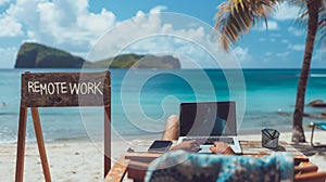 a man working from the beach on his laptop, Remote work concept, Digital Nomad concept