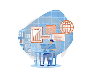 Man working with big data and databases, using laptop and excel tables. Office worker making analysis and report.